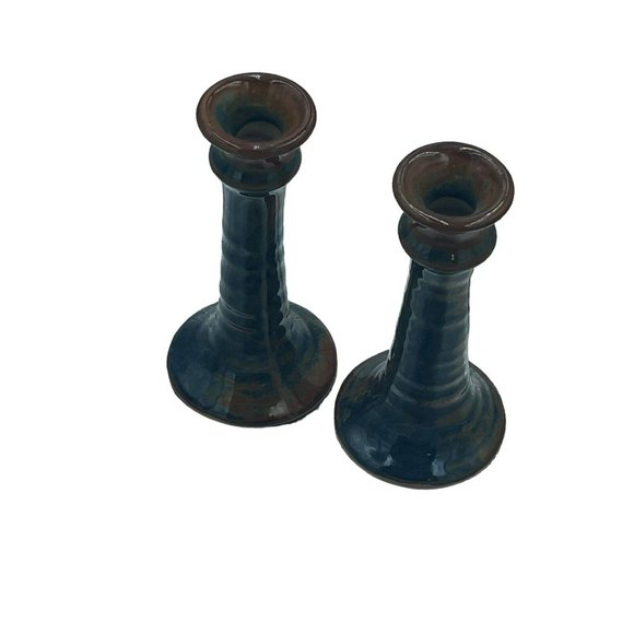 Studio Pottery Pair Of Candlestick Holder Drip Glaze Blue Brown Artist Signed 6” - Picture 2 of 8